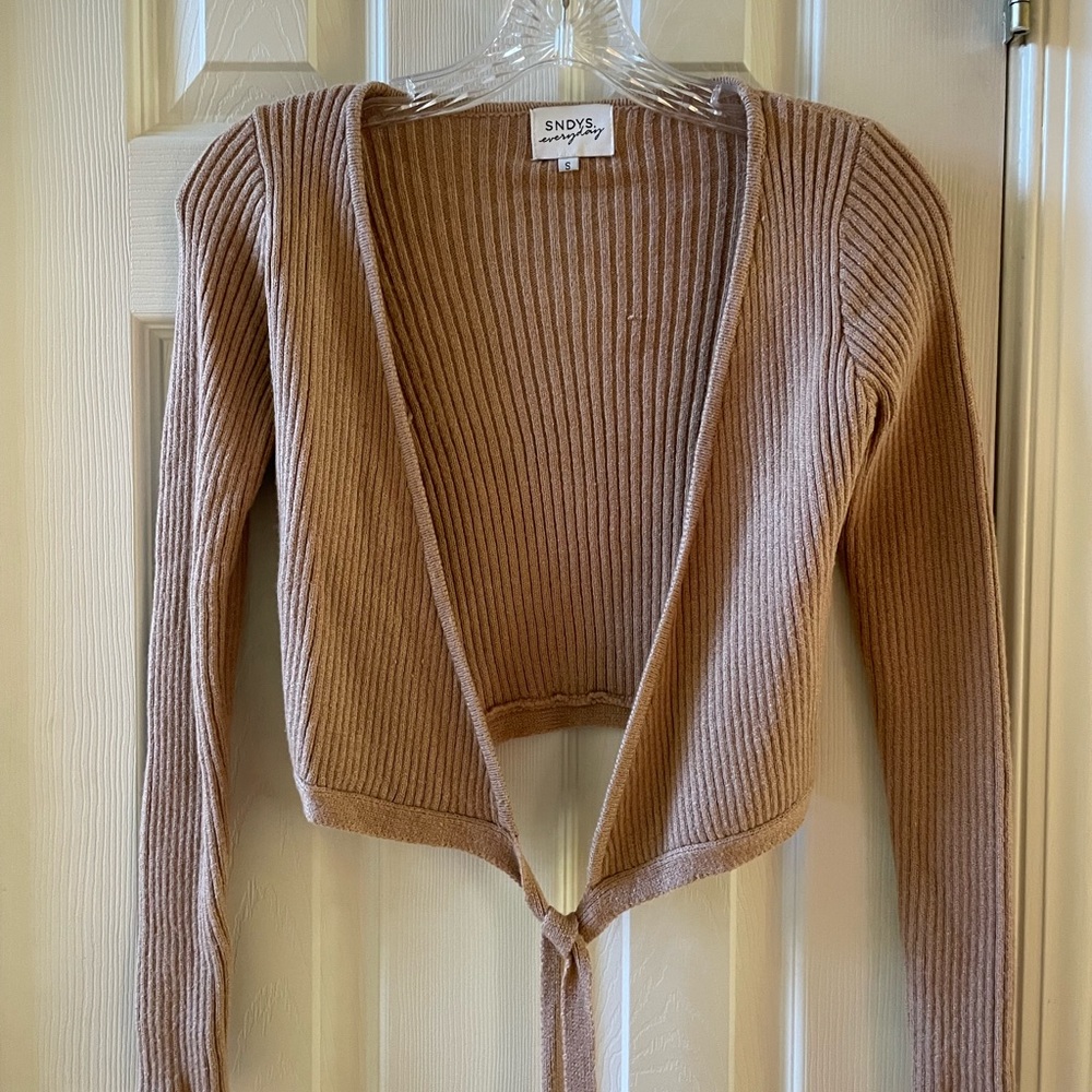 SNDYs tan crop wrap around sweater